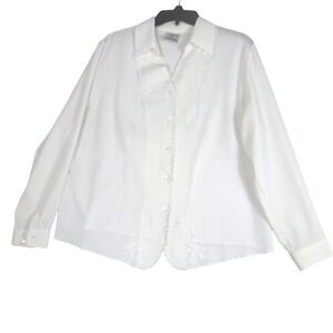 Allison Daley White Button Up Long Sleeve Shirt Top Embroidered Flowers Size 16